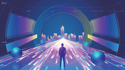 Aufkleber - Neon tunnel leading to future city futuristic technology space background