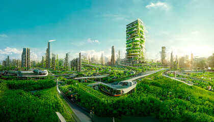 spectacular eco-futuristic cityscape esg concept full with greenery, skyscrapers, parks, and other m
