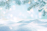 Fototapeta Na ścianę - Beautiful winter background image of frosted spruce branches and small drifts of pure snow with bokeh Christmas lights and space for text.