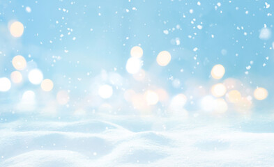 Poster - Beautiful winter light elegant background with blurry christmas lights, snowdrifts and and light snowfall.