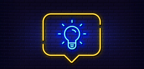 Poster - Neon light speech bubble. Light Bulb line icon. Lamp sign. Idea, Solution or Thinking symbol. Neon light background. Light bulb glow line. Brick wall banner. Vector