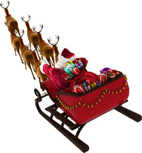 Image Of Rear View Of Santa With Presents In Christmas Sleigh Pulled By Group Of Reindeer