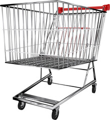 Canvas Print - vertical image of empty supermarket shopping trolley with red plastic handle