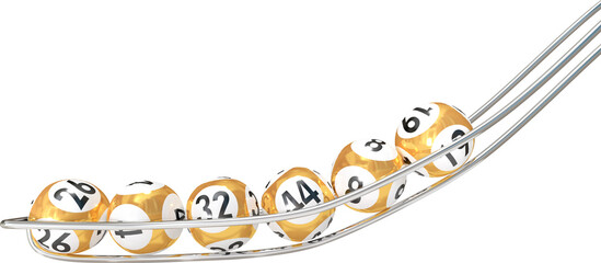 Canvas Print - Illustration of gold and white lottery balls with numbers rolling down silver rails