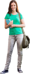 Poster - Portrait of smiling caucasian female student in green t-shirt with bag holding book