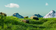 © Mark Castiglia - 3d rendering of a sunny alpine meadow with lush grass and distant snowy mountains.