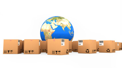 Image of globe and sealed, labelled, barcoded cardboard boxes ready for transportation