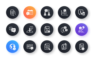 Poster - Info center icons. Reception information, Journey path, Guide book. Call center, Faq chat bubbles, Info help desk icons. Question mark, Search information and Customer help service. Vector
