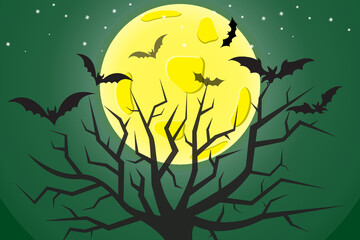 Poster - Halloween celebration with various characters, full moon, devil's house, bats and night