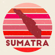 Sumatra logo. Sign with the map of island and colored stripes, vector illustration. Can be used as insignia, logotype, label, sticker or badge of the Sumatra.