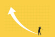 businessman playing golf with arrow up as symbol of achievement and success. Business growth and improvement, target high profit, stock market and success