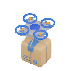 Drone with cardboard box. Shipping delivery concept. Isolated 3d rendering illustration