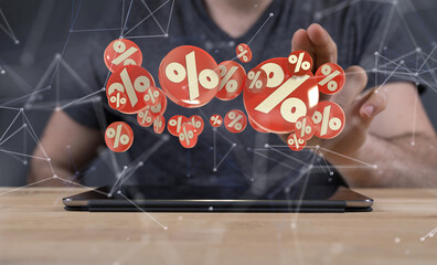Poster - Red cubes percent falling on a white background. 3d rendering. Illustration for advertising.