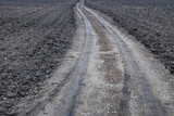 Fototapeta Kuchnia - a dirt road winds its way through a plowed field in early spring. agricultural field countryside