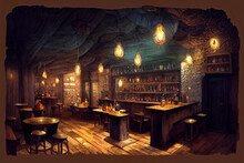 Dark And Moody Underground Dungeons And Dragons Concept Art Fantasy Tavern Inn Interior, Warm Glow. Digital Painting