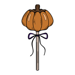 Candy in shape of pumpkin. Halloween treats. Doodle vector illustration