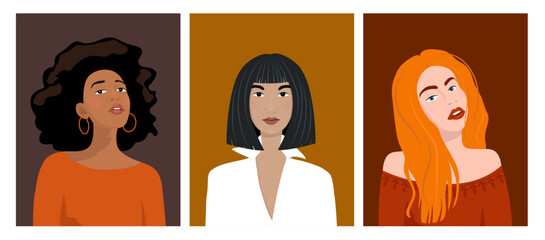 Wall Mural - A set of vector illustrations of face design. Abstract portrait of a woman. The concept of beauty and diversity. For postcards, posters, brochures, cover design, web. Avatar for a social network.