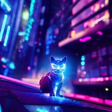 Cyborg Cat Sitting At Night