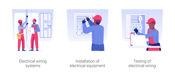 Poster - Engineering infrastructure isolated concept vector illustration set. Electrical wiring systems, installation of electrical equipment, wiring testing, energy maintenance vector cartoon.