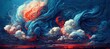Sunset dusk fantasy of surreal cumulus storm clouds - golden hour grandiose fiery crimson red and sky blue colors. Bold dramatic digital oil impasto painting cloudscape with dark gothic undertone. 
