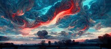 Sunset Dusk Fantasy Of Surreal Cumulus Storm Clouds - Golden Hour Grandiose Fiery Crimson Red And Sky Blue Colors. Bold Dramatic Digital Oil Impasto Painting Cloudscape With Dark Gothic Undertone. 