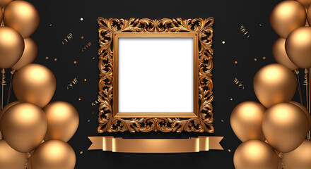 PNG design template with vintage gold frame, golden balloons and confetti on a black background.