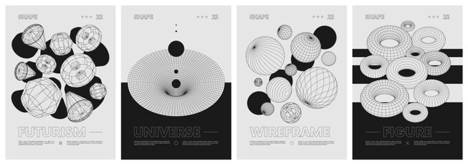 Wall Mural - Strange wireframes of geometrical shapes modern design inspired by brutalism, geometric figures contemporary artwork, abstract monochrome vector set posters, cover, invitation