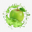 Green apple in splash. 3d realistic transparent apple juice splashing with drops.