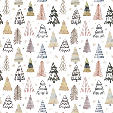 Watercolor Christmas Seamless Pattern With Christmas Trees And Snowflakes