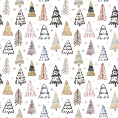 Watercolor christmas seamless pattern with christmas trees and snowflakes