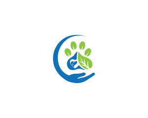 Wall Mural - Unique Natural Pets Care Logo Design Concept. Hand Care Cat or Dog Paw With Leaf Vector Icon.