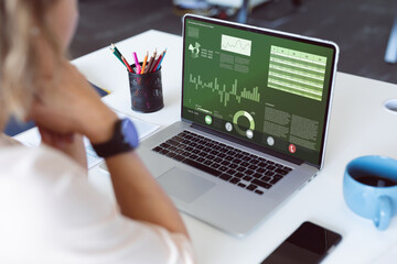 Poster - caucasian businesswoman analyzing multiple graphs over laptop on desk in office