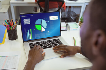 Poster - African american businessman analyzing business report over laptop on desk in office