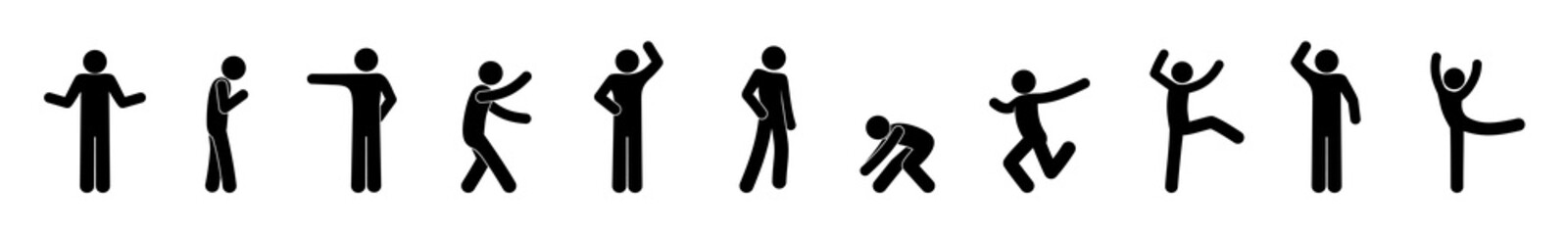 Wall Mural - stick figure icon active person, human gestures and postures, silhouettes of grimacing people