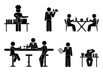 Wall Mural - Restaurant and cafe icons set. Cook, bartender and waiter illustration. People eat and drink drinks. Stick figure pictogram man.