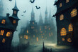 Halloween Hintergrund, gruselige alte Stadt mit Kürbissen