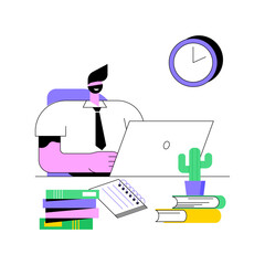 Poster - Work and study isolated cartoon vector illustrations. Man looking at laptop, flexible schedule, combine studying with job, online degree, distance learning, virtual education vector cartoon.