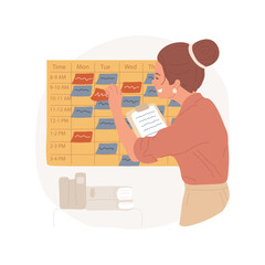 Poster - Flexible curriculum isolated cartoon vector illustration. Teacher changes schedule hanging on wall, subjects indicated by different color, creative curriculum, flexible study vector cartoon.