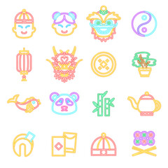 Sticker - Chinese New Year Neon Icons Isolated. Vector Illustration of Glowing Bright Led Lamp over White Symbols.