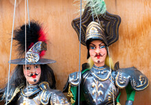 Traditional Sicilian Puppets Used For The Opera Dei Pupi Is A Theatrical Performance Of Marionettes Of Romantic Poems Frank, Italy. 