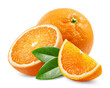 Oranges isolated. Ripe sweet orange and orange slices on a white background. Fresh fruits.