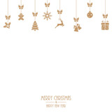 Fototapeta  - Happy New Year and Merry Christmas banner with hanging red Xmas ornaments. Vector