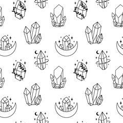 Wall Mural - Mystical line art esoteric crystals, gem stones, diamonds, jewelry minimalist print. Boho astrology hand draw illustration. Magic doddle for T-shirts and bags, tatoo decor element