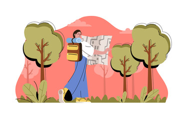 Poster - Camping in forest concept. Woman with backpack and map goes on hike situation. Outdoor activities, hiking people scene. Illustration with flat character design for website and mobile site