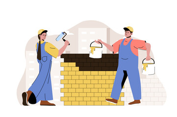 Wall Mural - Construction team concept. Painters paint wall, builders work on building site situation. Real estate business people scene. Illustration with flat character design for website and mobile site