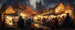 Painting of a medieval feudal township at night, crowds gathered in the town's centre, peasants in the Middle Ages, olden canvas art, concept art painting, historic artwork