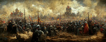 Large Armies, Crowds Of Soldiers Fighting In A Mass Battle Painting. Historic Artwork Featuring Crusader Armies In A War, Knights Fighting With Armour With Two Castles In Fog In The Background