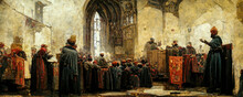 Preaching In Church, A Medieval Painting Featuring A Priest In Front Of A Crowd Of People At A Religious Mass. Historic Wallpaper, Old Artwork, Symbolism Art. Painted Artwork