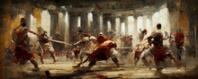 Gladiators Fight In A Coliseum, Featured In A Historic Painting. Gladiator Arena Lit By The Sun In Ancient Rome. Romans Battling With Swords. Artwork Painting Of Roman Soldiers Armed And Fighting.