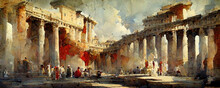 Painting Of Ancient Rome, Pillars, Roman Architecture. Historic Artwork, Painted In An Abstract Style. Antique Monument, European Forum Painted On A Canvas, Coliseum Wallpaper, Arches And Colonnades. 